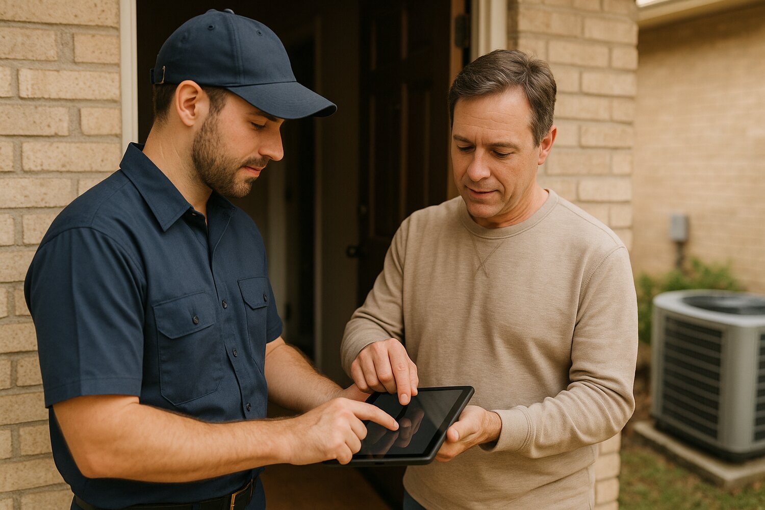 tech holding tablet with customer signing, HVAC unit visible